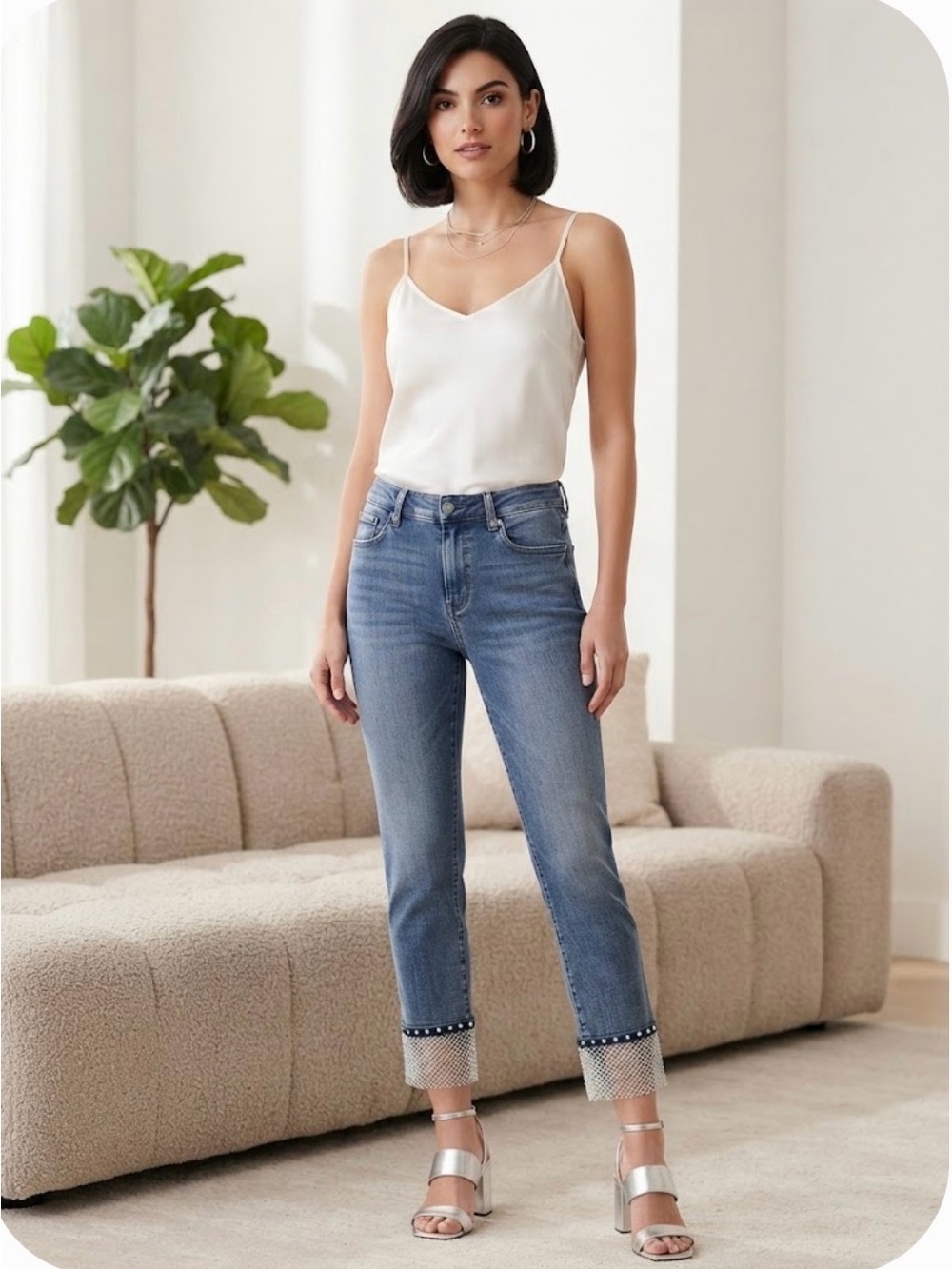 Joseph Ribkoff Jeans with Embellished Sequin Mesh Hem - Size 8
